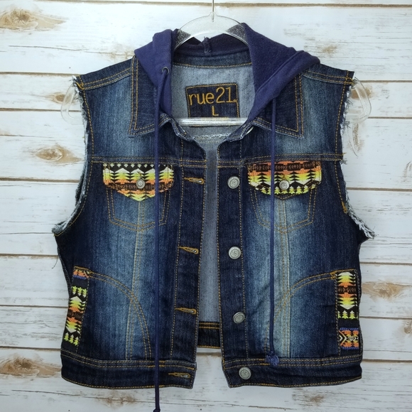 Rue21 Sleeveless Button Up Jean Vest with Hoodie Size Large - Picture 1 of 7